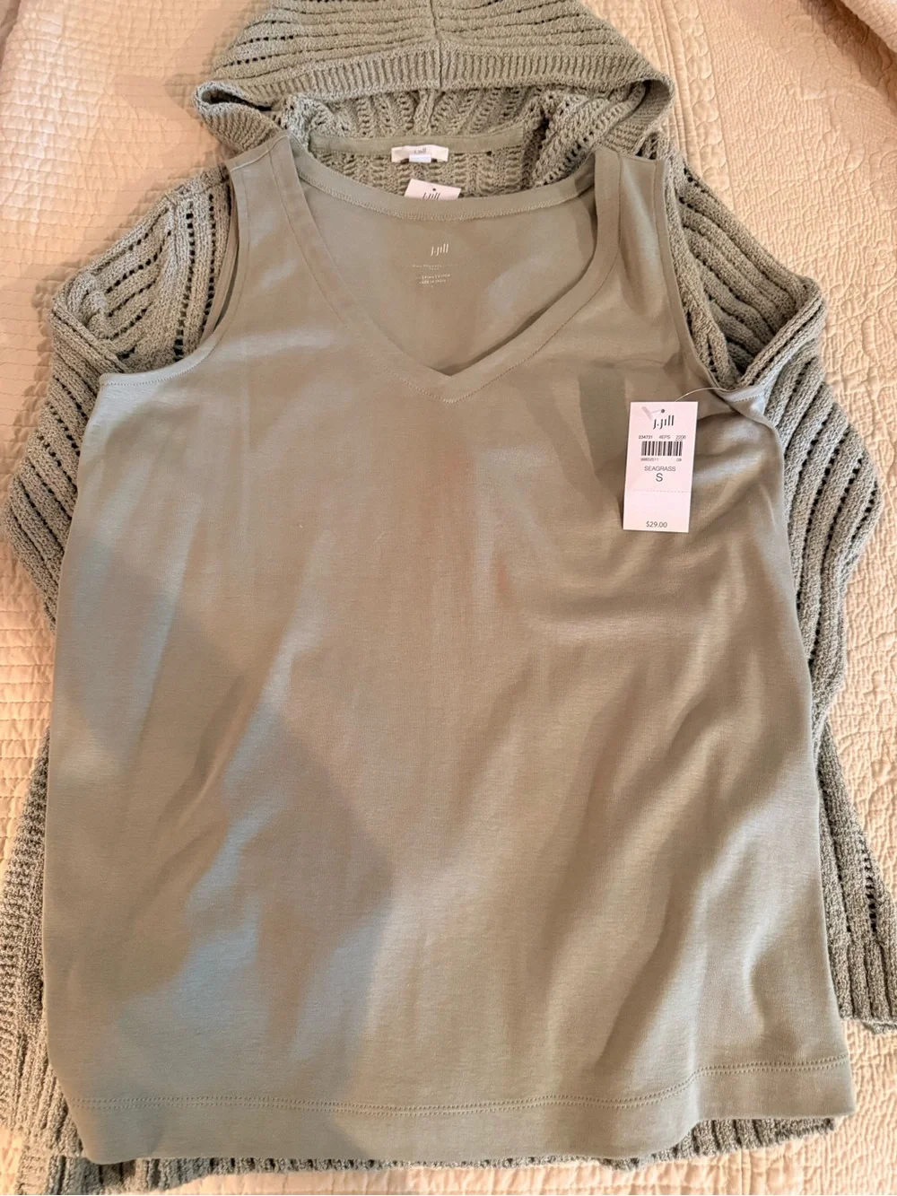 J. Jill Petite Seagrass Green Open-Knit Cardigan with Tank Set